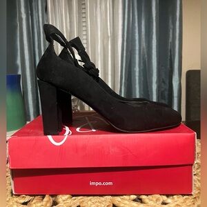 Impo Black Suede Block Heel Pump with Ankle Tie